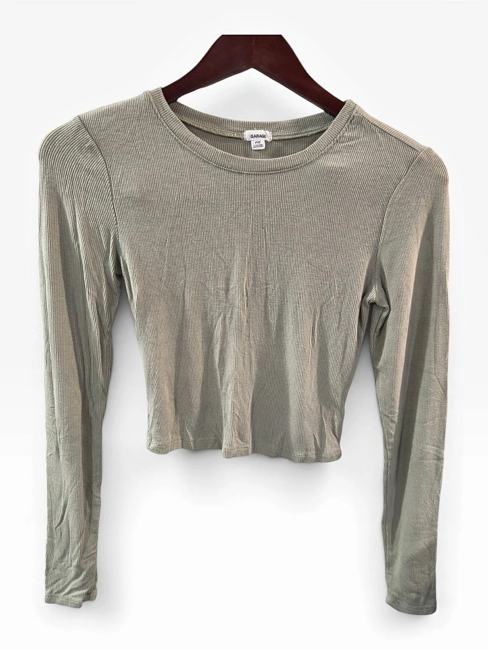 Garage Ribbed Long Sleeve Crop Light Olive Green